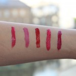 Swatches L:R Rimmel Apocalips Liquid Lipstick in Aurora, Nyx Soft Matte Lip Cream in San Paolo, Bourjois Rouge Edition Velvet in Hot Pepper, Sephora Cream Lip Stain in Strawberry Kissed & Loreal Glam Matte in 513 Zip It Rouge.