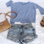 Blue knitted jumper with open back from River Island teamed with ripped denim shorts from Topshop
