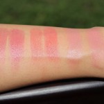 Swatches from L:R Chanel Rouge Coco Shine in Suspense swatched once and then twice, YSL Rouge Volupte Shine is 12 swatched once and then twice, and Clinique Chubby Stick in Robust Rhubarb swatched once and then twice.