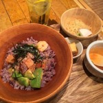 Yummy salmon and avocado with black rice and sides at one of the many restaurants in Tokyo's malls by facemadeup.com