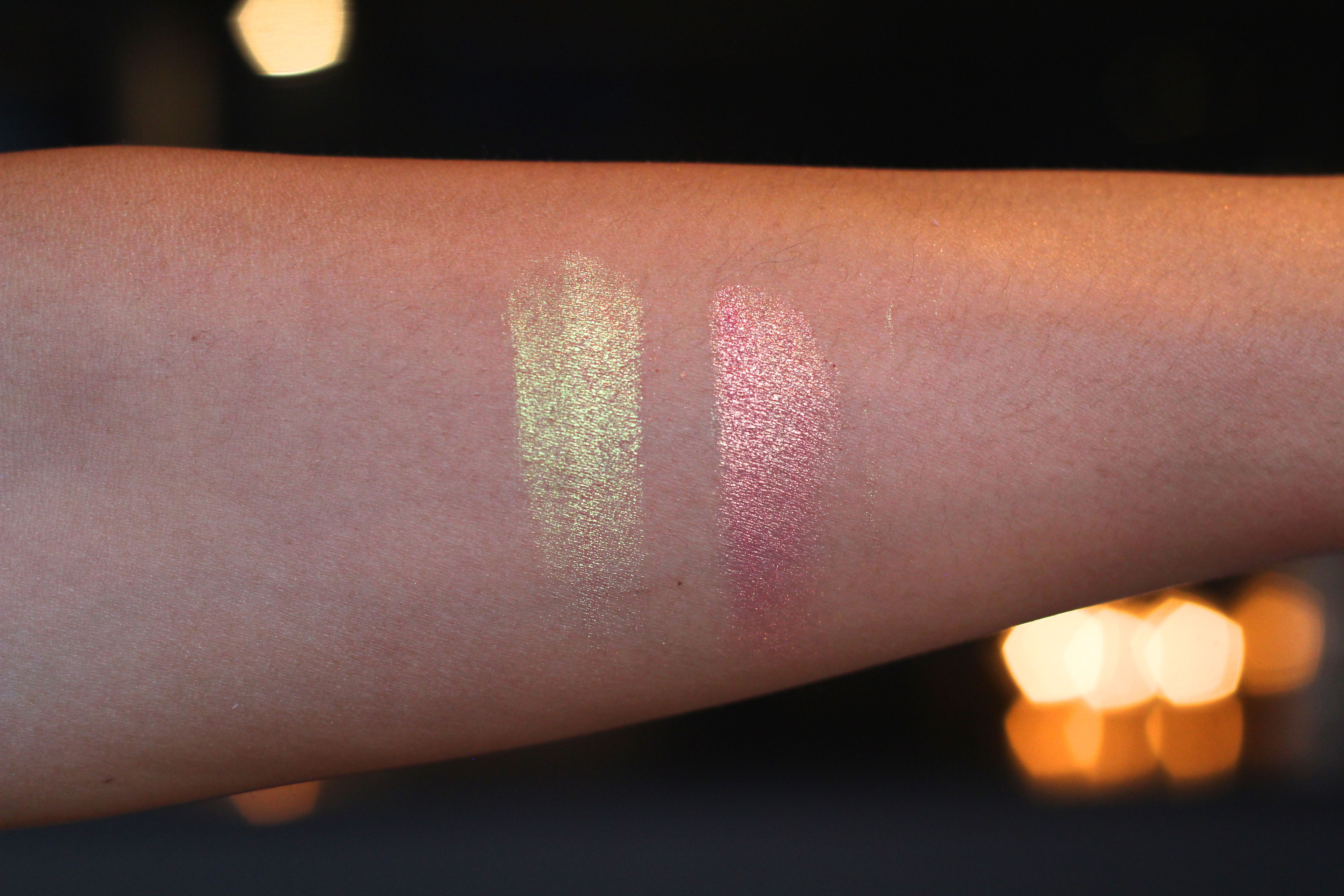 Makeup Geek Duo Chrome Pigments in Hologram (left) and Wildfire (right) Swatches